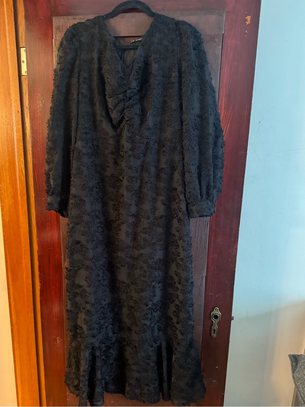 Black Textured Long Sleeve Dress - Elegant Evening Style